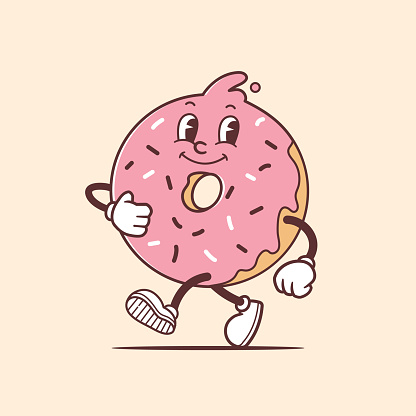Donut mascot, vintage cartoon styled retro vector illustration