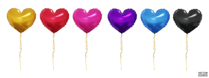 Set of realistic vector colorful heart balloons isolated on white background. Helium heart balloons clipart for anniversary, birthday, wedding, party. 3D vector illustration.