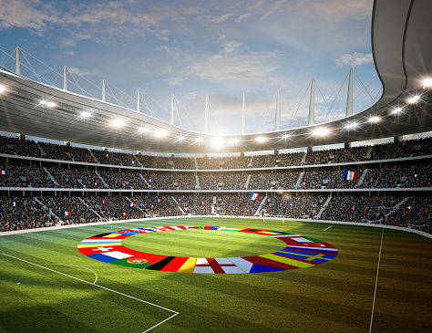 3d rendering of a soccer stadium with european flags on the playing field