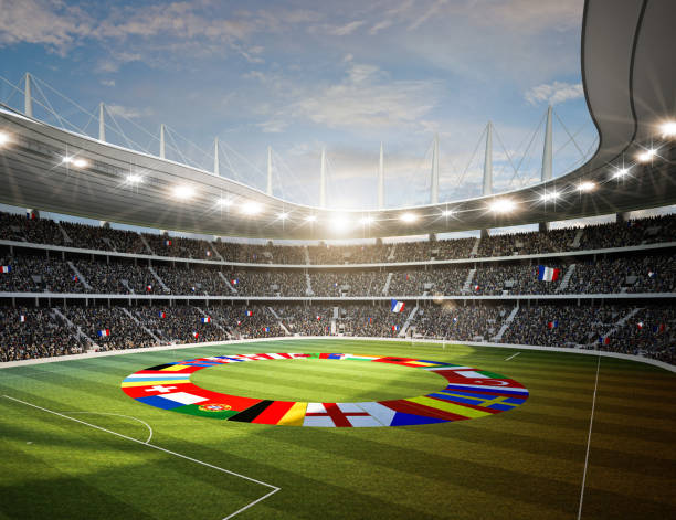 Soccer stadium with european flags on the playing field 3d rendering of a soccer stadium with european flags on the playing field european football championship stock pictures, royalty-free photos & images