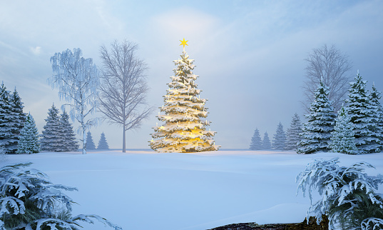 3d rendering of a illuminated Christmas tree in snowy winter landscape