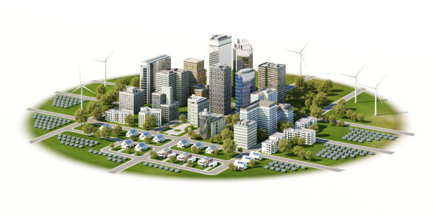 Isolated city silhouette on a round surface with solar panels and wind turbines