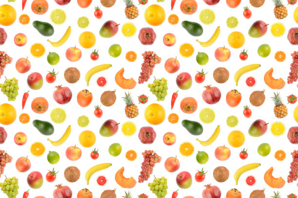 istock Big set fruits and vegetables isolated on white. Seamless pattern. 1720607873