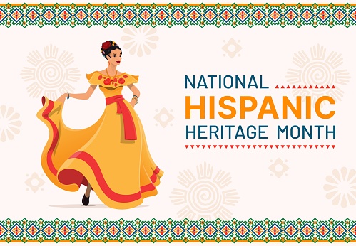 Dancing woman on national hispanic heritage month festival banner. Vector background with ethnic pattern and young female character dancer wear traditional dress perfotm expressive flamenco dance