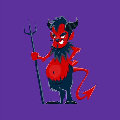 Halloween devil character or horror night holiday evil monster, vector funny cartoon. Halloween celebration symbol of red hell devil with horns, trident and grim smile for kids trick or treat party