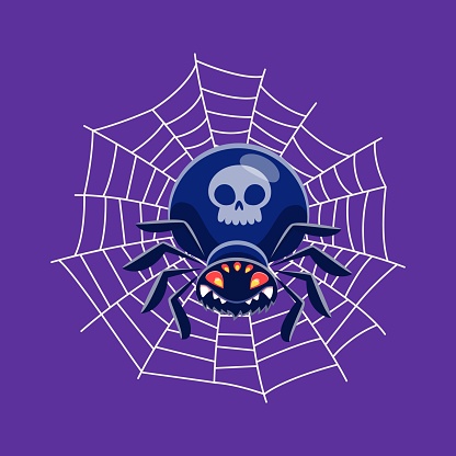 Halloween spiderweb with spider character, horror night holiday spooky monster, cartoon isolated vector. Happy Halloween holiday, spooky scary spider with skeleton skull in cobweb for trick or treat