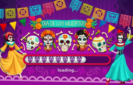 Mexican Dia de Los Muertos holiday loading page. Day of the Dead celebration event. Dia de Los Muertos banner or loading page vector template with Catrina flamenco dancer, calavera sugar skulls