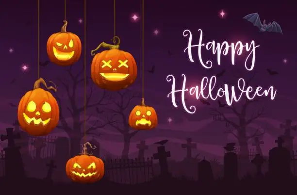 Vector illustration of Cartoon Halloween pumpkin lanterns, night cemetery