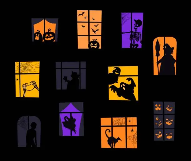 Vector illustration of Halloween window with scary and spooky silhouettes