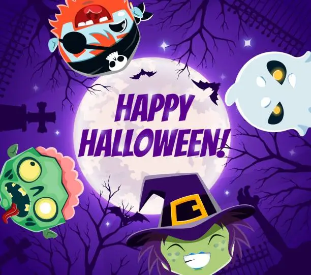 Vector illustration of Halloween holiday characters on midnight cemetery