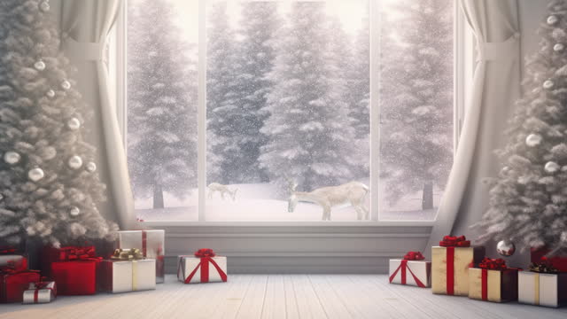 Beautiful Christmas background. With a large panoramic window, behind which you can see the winter forest, young deer, and falling snow.
