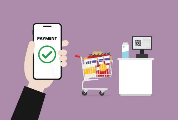 Vector illustration of Customer uses contactless payment at  a supermarket