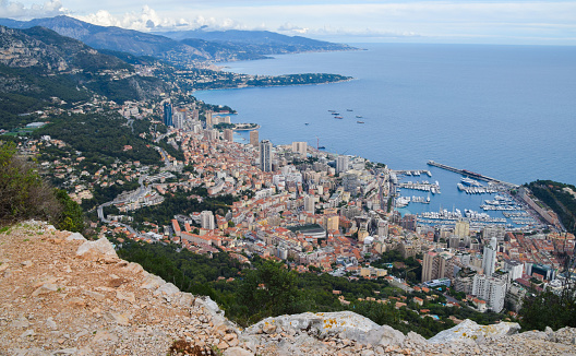 Daytime aerial panoramic view of Port Hercules, Monte Carlo, sea and coast.