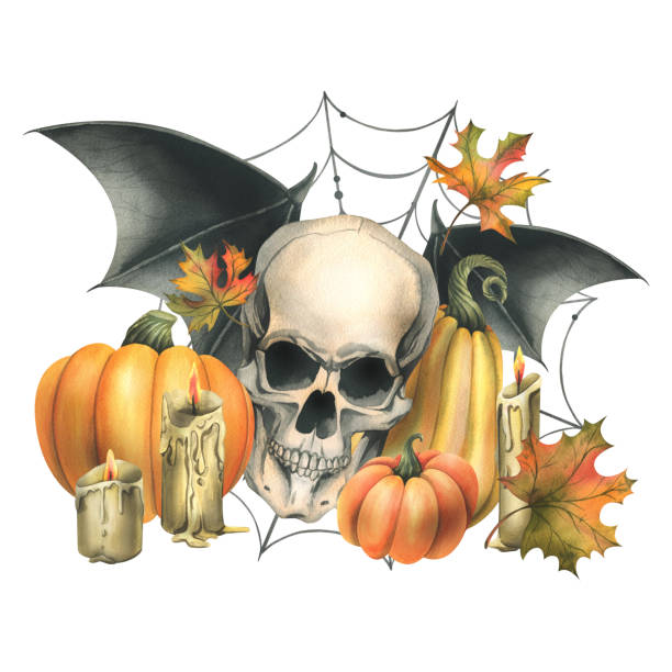 ilustrações de stock, clip art, desenhos animados e ícones de human skull with bat wings, orange pumpkins, cobwebs, candles and autumn maple leaves. hand drawn watercolor illustration for halloween. isolated composition on a white background - bat cartoon halloween wing