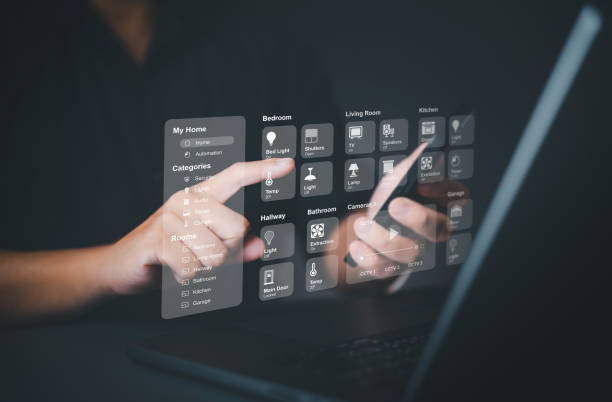 istock People use smartphone and laptop to control virtual screen application for handling home appliances. Smart dashboard of connected IoT devices for automation. Assistant house technology management. 1720642368