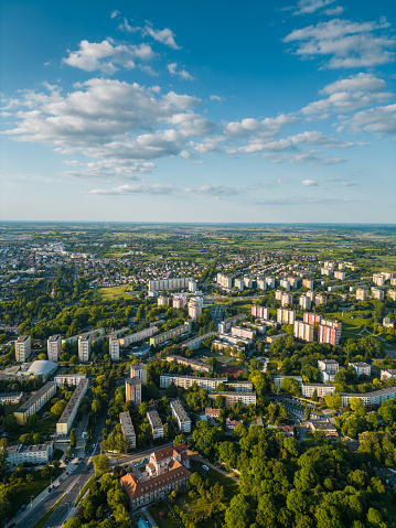 residential district with buildings and parks at summer or spring, Lublin, Poland. High quality aerial drone picture