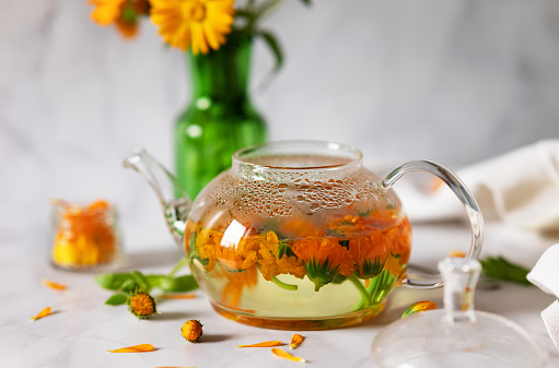 A teapot with calendula. Prevention of diseases. Antivirus.