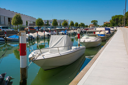 The marina in Aquileia in Friuli-Venezia Giulia, north east Italy. August.