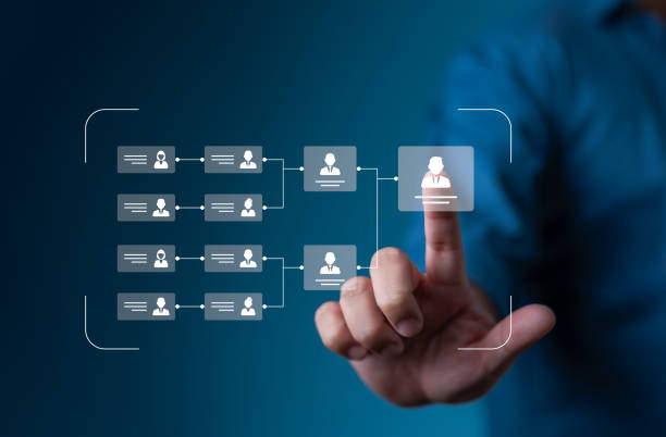 istock Businessman hand point on organization chart, mind map, or organigram on a virtual screen. HR Manager works with company human resource structure tree diagram, resource leveling, career path concept. 1720652674