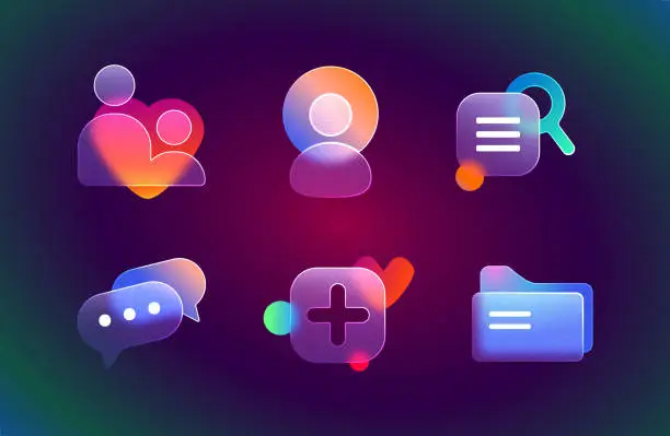 Vector illustration of Realistic set of glassmorphism ui icons, design element with blur gradient