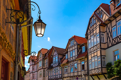 Medieval street with half-timbered houses in Wernigerode, Saxony-Anhalt, Germany