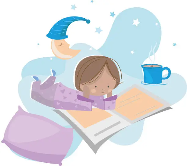 Vector illustration of Cute girl in pajamas lying down reading book.