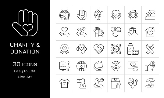 Charity And Donation Editable Stroke Vector Icon Set.