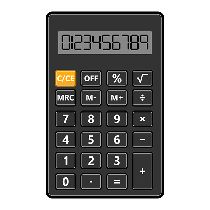Black calculator with display, buttons and numbers isolated on a white background
