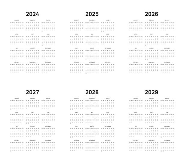 illustrazioni stock, clip art, cartoni animati e icone di tendenza di calendario 12 mesi per 2024-2029 inizio domenica - sfondo bianco - evento annuale