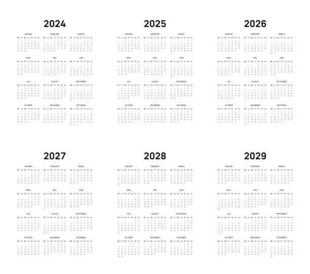 Vector illustration of 12 Month Calendar for 2024-2029 Monday Start - White Background