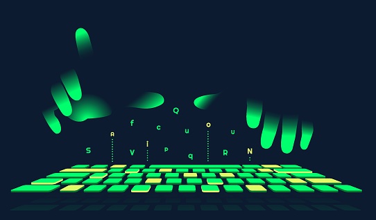 Green glowing hands typing on keyboard. Artifical intelligence texting assistants, helping bots concept. Vector illustration.