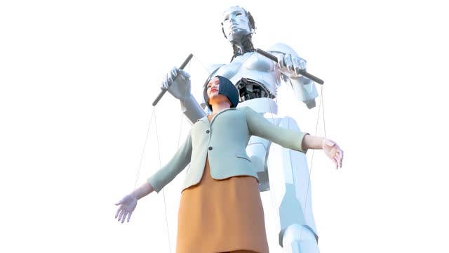 3D video of AI robot manipulating human puppet