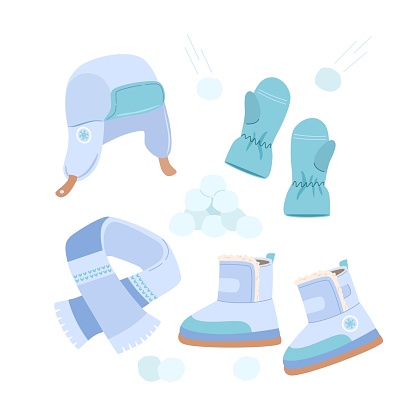 Winter warm outerwear for boys in blue for playing snowballs. Trapper beanie, mittens, scarf, boots. Vector illustration of clothes for active games in snowy season.