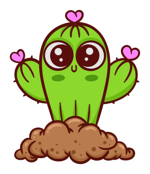 Vector illustration of Cute happy little cactus cartoon isolated on white