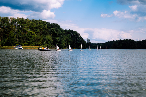 Ships on the calm water surface. Sailing on the lake or a river by the shore