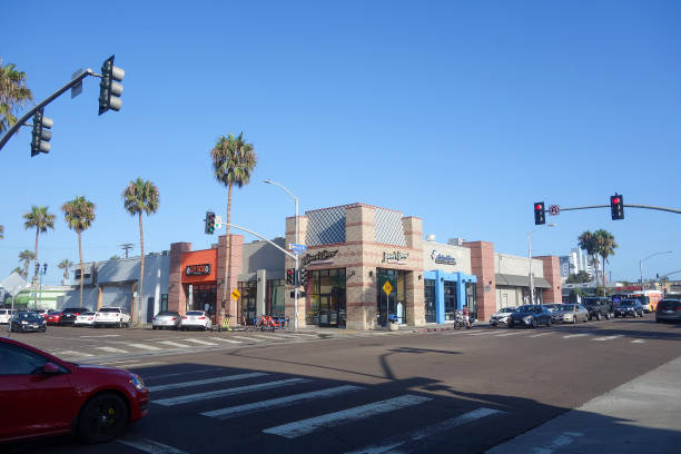 Facade of  retail store and crosswalk.