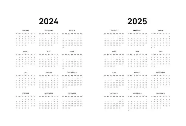 Vector illustration of 12 Month Calendar for 2024-2025 Sunday Start - White Background