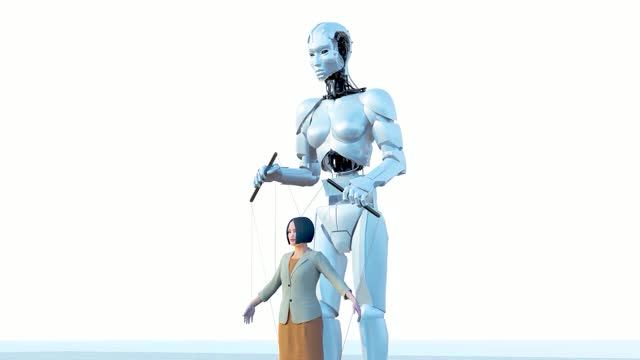 3d animation of a AI robot controlling the actions of a puppet human