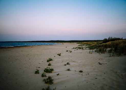 Beautiful view of setting sun at sea. Green cliffs and clear sky at dusk