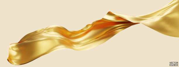 istock Flying gold silk textile fabric flag background. Smooth elegant golden Satin Isolated on beige Background for grand opening ceremony. Gold curtain. 3d vector illustration 1720734424