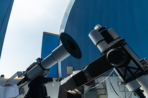 View point with tourist telescope in Lyon city in France