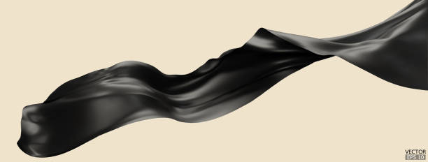 istock Flying black silk textile fabric flag background. Smooth elegant dark Satin Isolated on beige Background for grand opening ceremony. Black curtain. 3d vector illustration 1720741810