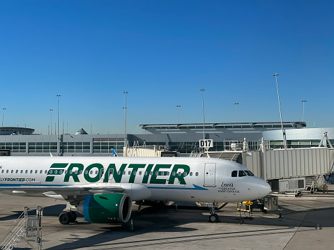 Las Vegas, Nevada – October 5th, 2023: Frontier Airlines a low cost carrier at Harry Reid International airpot in Las Vegas, Nevada.