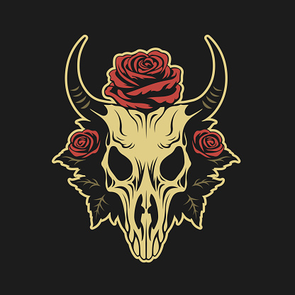 Horned animal skull and roses tattoo style illustration.