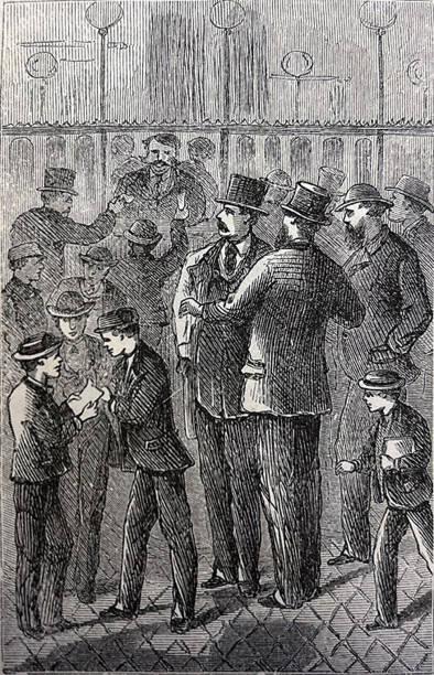 istock Antique illustration - group of men and boys in suits standing inside a brokerage 1720746180