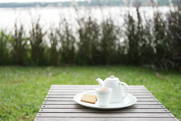 White teapot and tea cup and cracker on white plate outdoor drinking relaxing with lake view