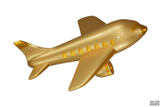 istock Gloden Airplane 3d vector cartoon icon. Gold Airplane isolated on white background. Summer Journey, Time to Travel concept. 3D vector illustration. 1720750759