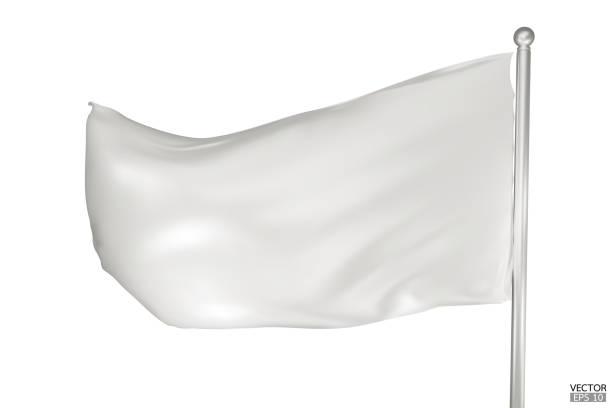 istock Blank white flag on white background. A White flag waving in the wind on the flagpole. White flag template. 3d vector illustration. 1720762115