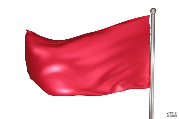 istock Blank red flag on white background. A red flag waving in the wind on the flagpole. Red flag template. 3d vector illustration. 1720762667