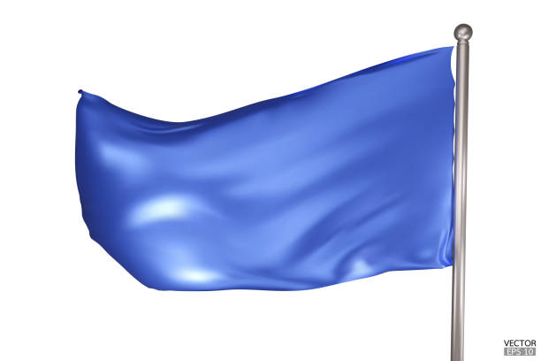istock Blank blue flag on white background. A blue flag waving in the wind on the flagpole. Blue flag template. 3d vector illustration. 1720764084